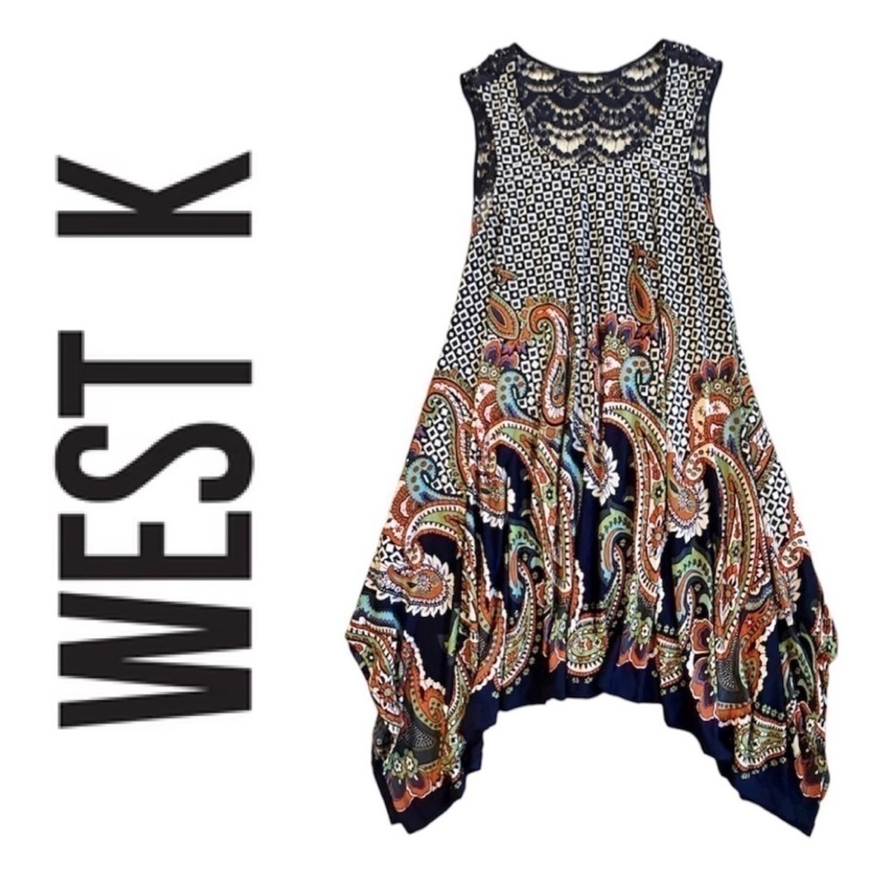 WEST K Sleeveless Asymmetrical Lace Dress Tunic Top Navy Boho Paisley Women’s S